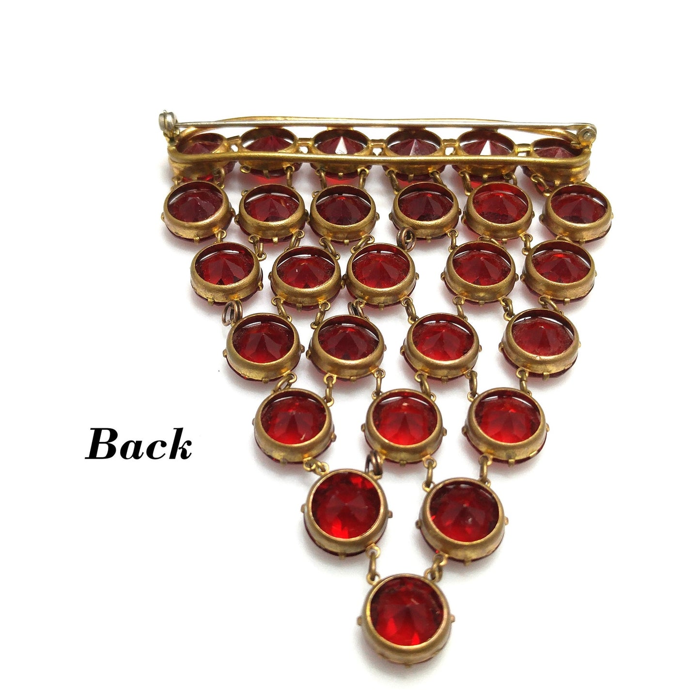Garnet Red Crystal Rhinestone Hanging Brooch, Large Pointed Back Glass Stones, 1940s Vintage Jewelry