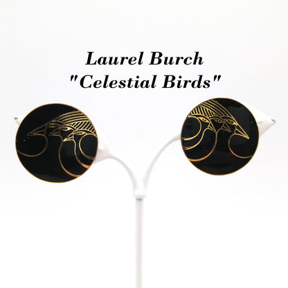 Vintage Laurel Burch "Celestial Birds" Clip Earrings, Black Enamel, Gold Plated