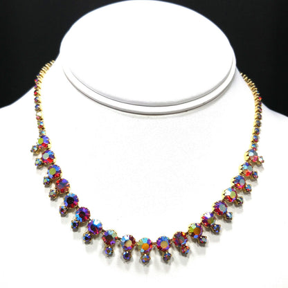Red Rhinestone Aurora Borealis Choker Necklace, Gold Plated, 1960s Vintage Jewelry