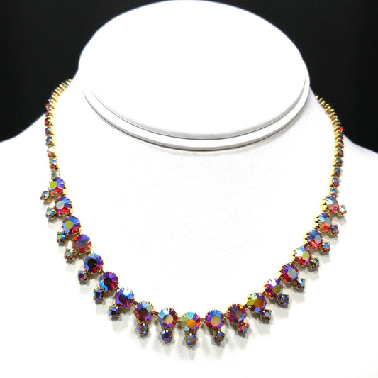 Red Rhinestone Aurora Borealis Choker Necklace, Gold Plated, 1960s Vintage Jewelry