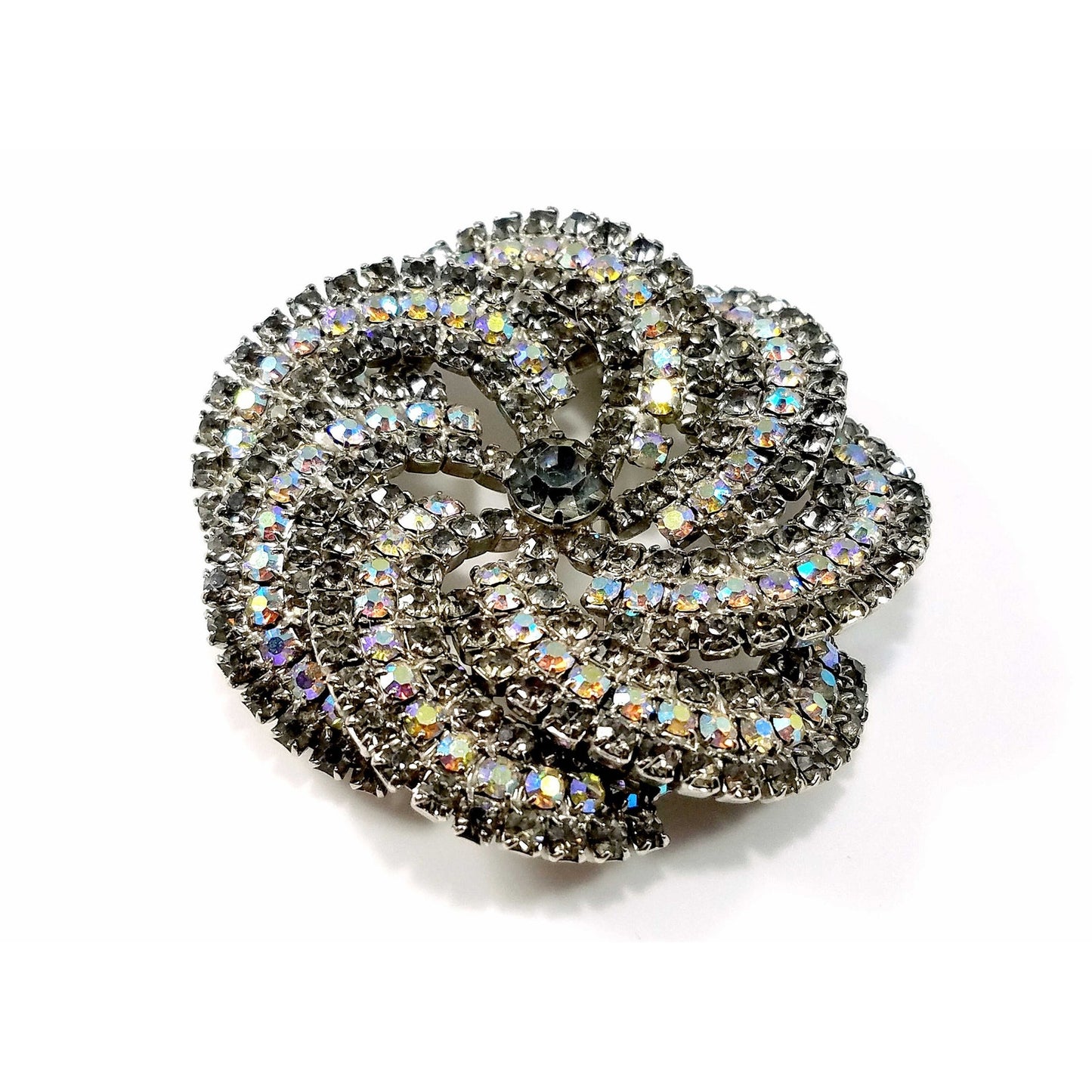 Vintage Pinwheel Rhinestones Brooch, AB Rhinestones, Rhodium Plated, 1960s