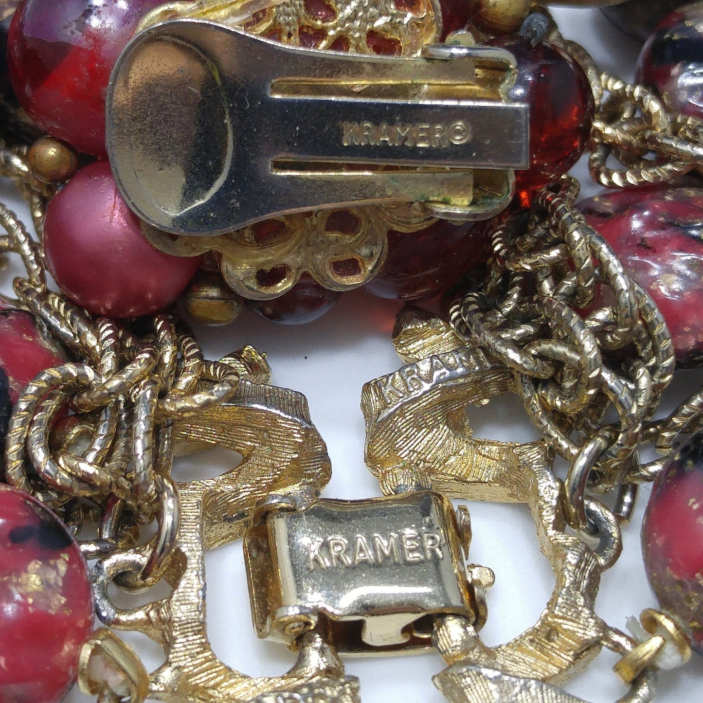 Kramer Red Thermoset Beaded Bracelet & Earrings, 22K Gold Plated Bracelet, 1940s Vintage Jewelry