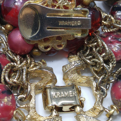 Kramer Red Thermoset Beaded Bracelet & Earrings, 22K Gold Plated Bracelet, 1940s Vintage Jewelry
