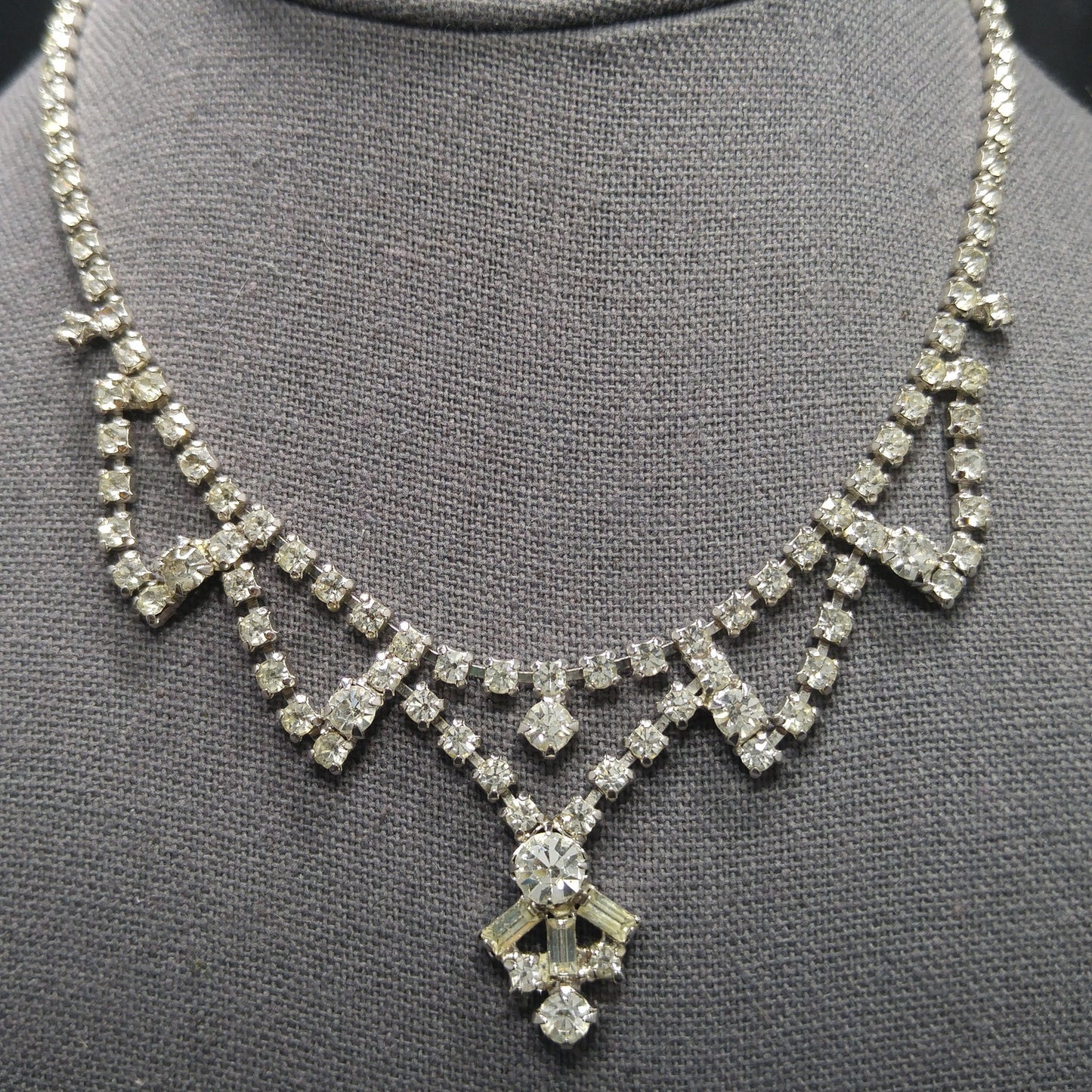 Vintage 1960s Clear Rhinestone Choker Necklace | Mid-Century Bridal Jewelry, Rhodium Plated, Baguette & Chaton Cuts