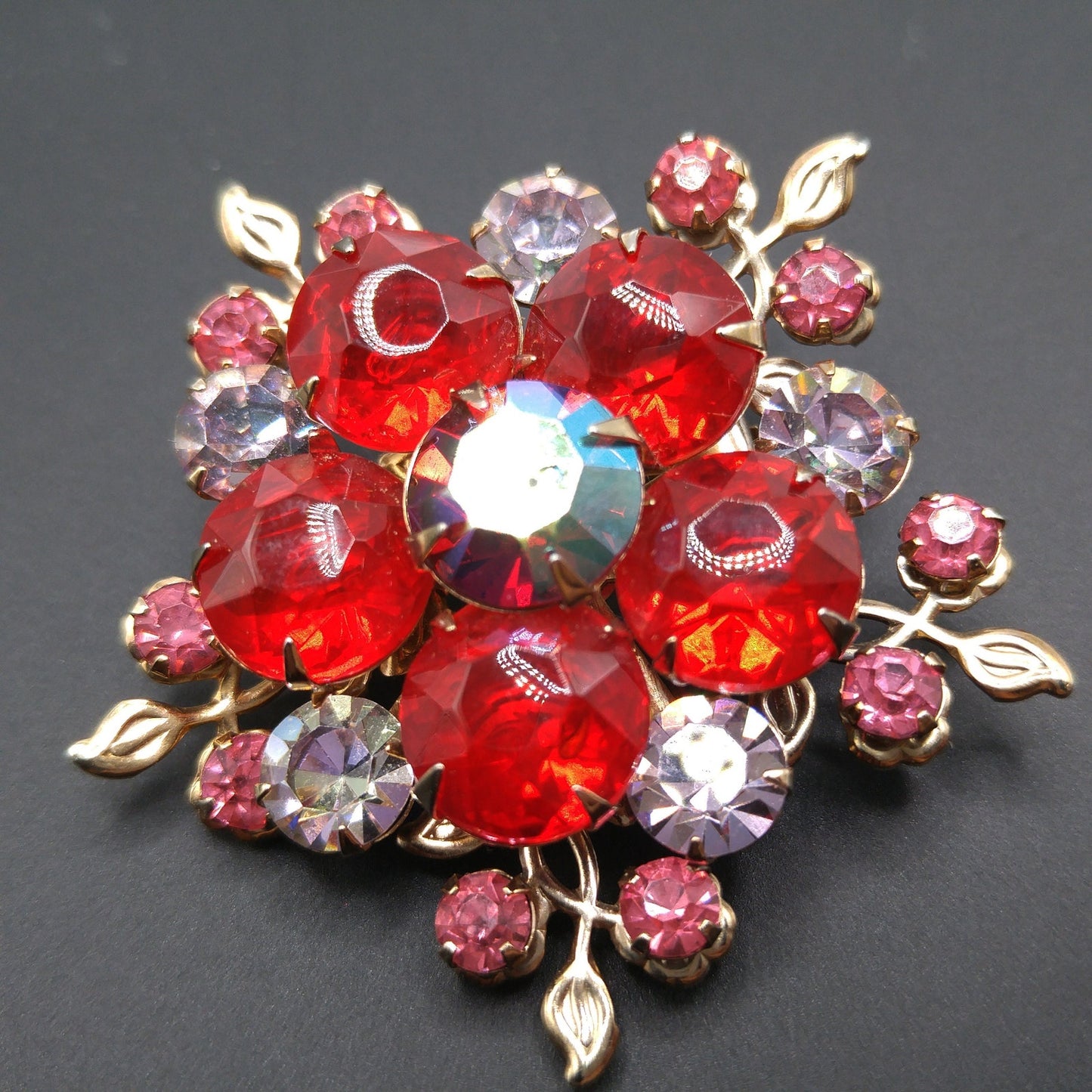 Aurora Borealis Red Pink Lavender Floral Brooch, Riveted Construction, Gold Tone, 1950s Vintage Jewelry