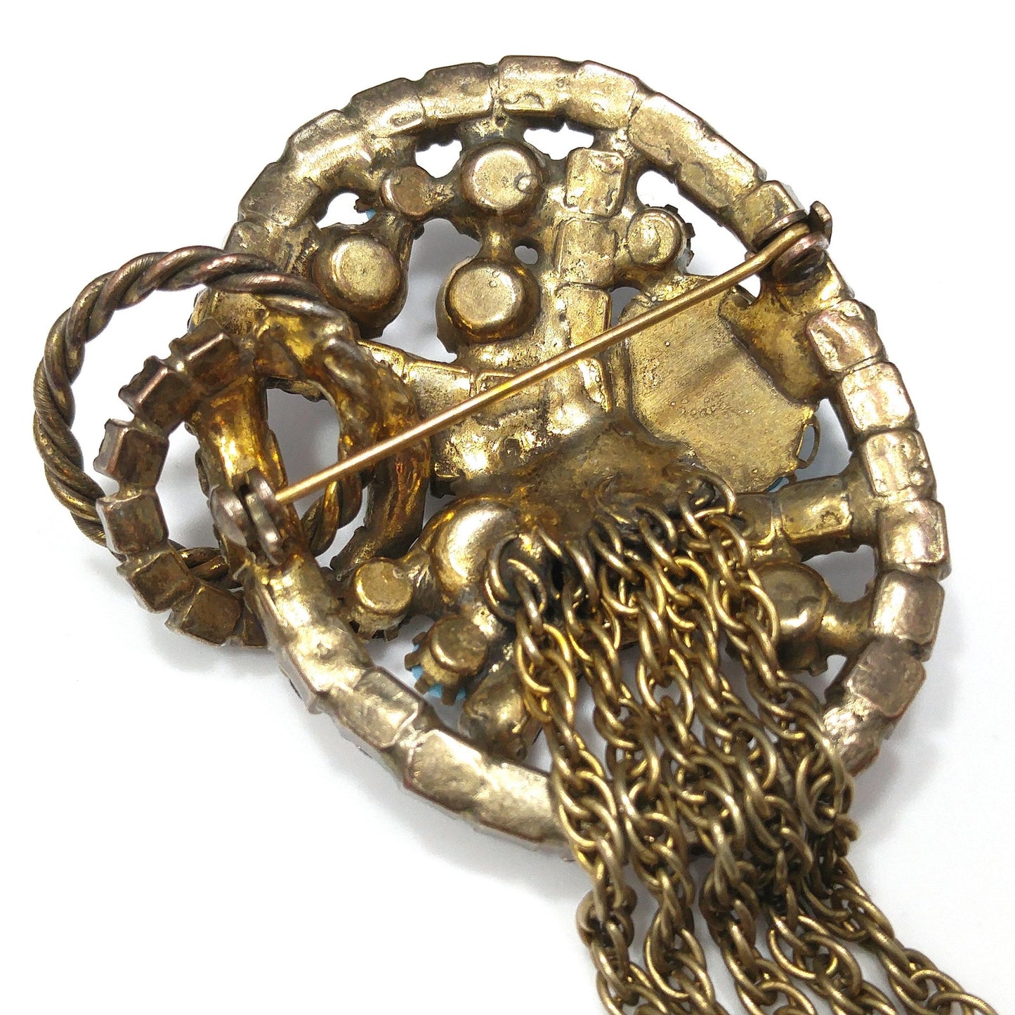Vintage Purple Rhinestone Turquoise Cabochon Brooch, Antique Gold Tone Fringe Pin