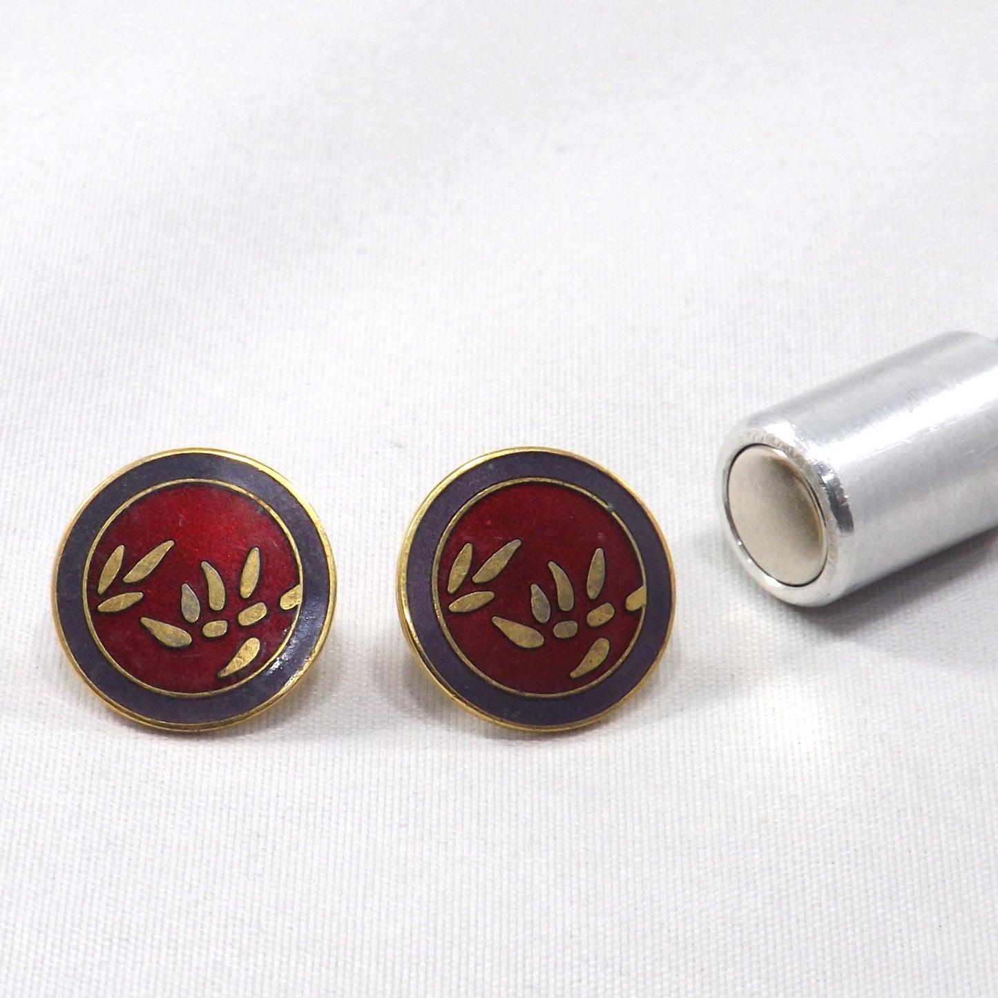 Laurel Burch Bamboo Red Post Earrings, Cloisonné Gold Plated, 1980s Vintage