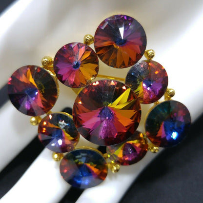 Vintage Unsigned Weiss Pink Rivoli Rhinestone Brooch, Red Blue Magenta Green Pin