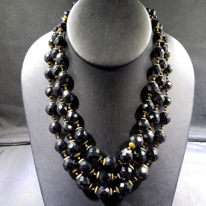 Miriam Haskell Black Beaded Necklace, Three Strands, 1960s Vintage Jewelry