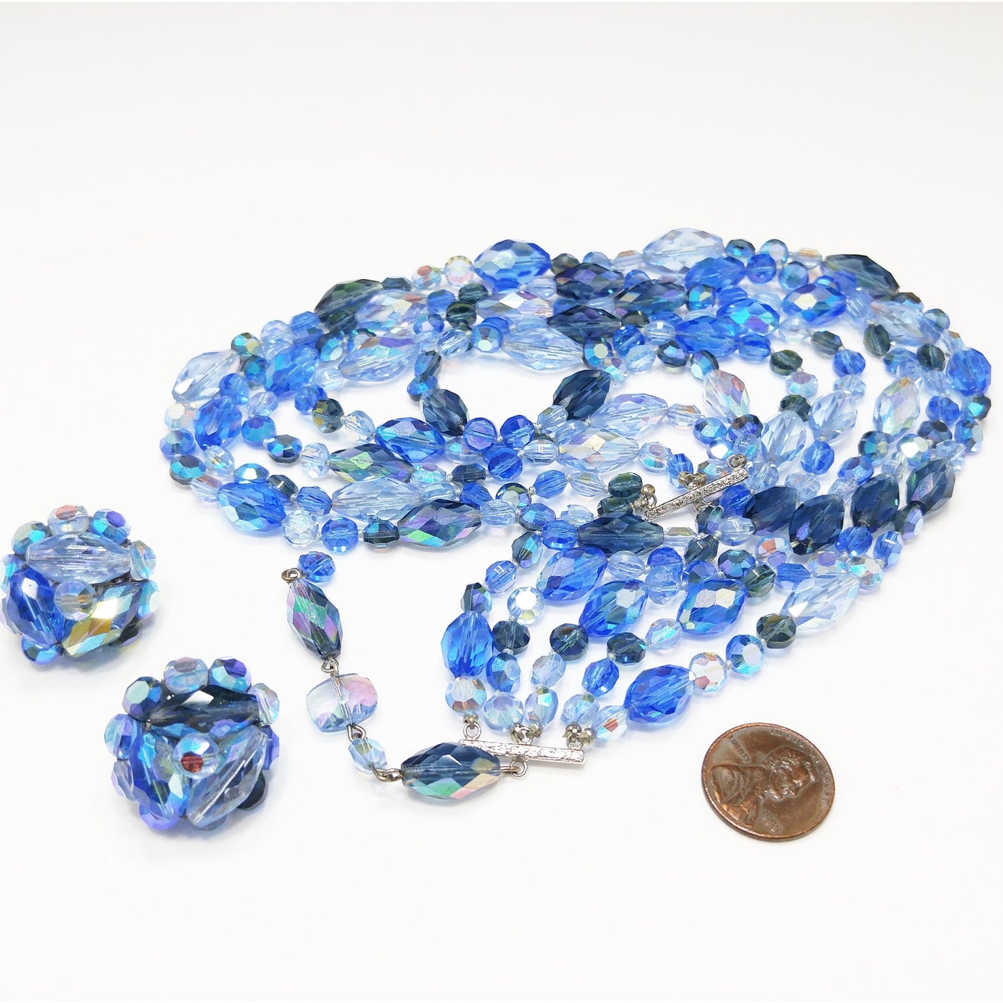 Vogue Blue Crystal Necklace & Earrings Set, Aurora Borealis, 1960s Vintage Jewelry