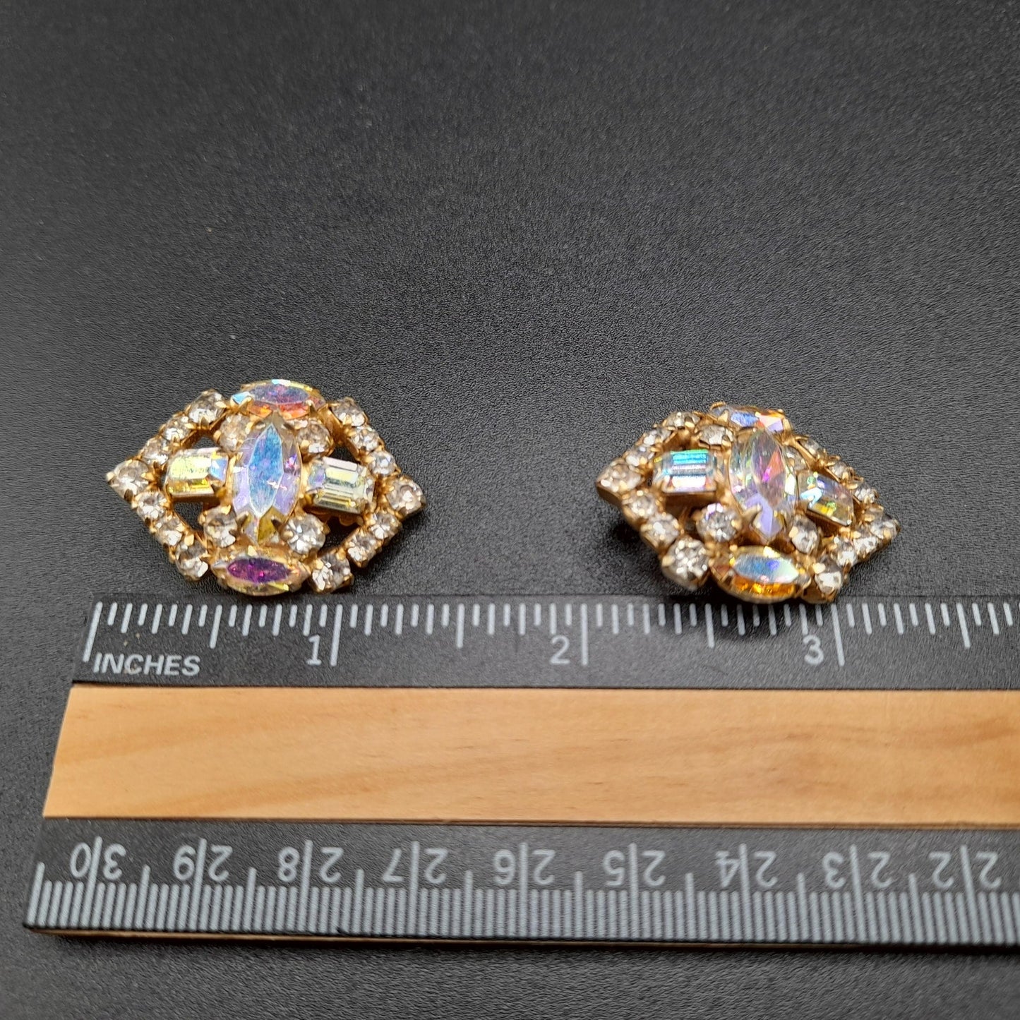 LaRoco Aurora Borealis Clip Earrings, Designer Gold Plated, 1960s Vintage Jewelry