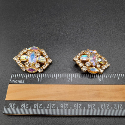 LaRoco Aurora Borealis Clip Earrings, Designer Gold Plated, 1960s Vintage Jewelry