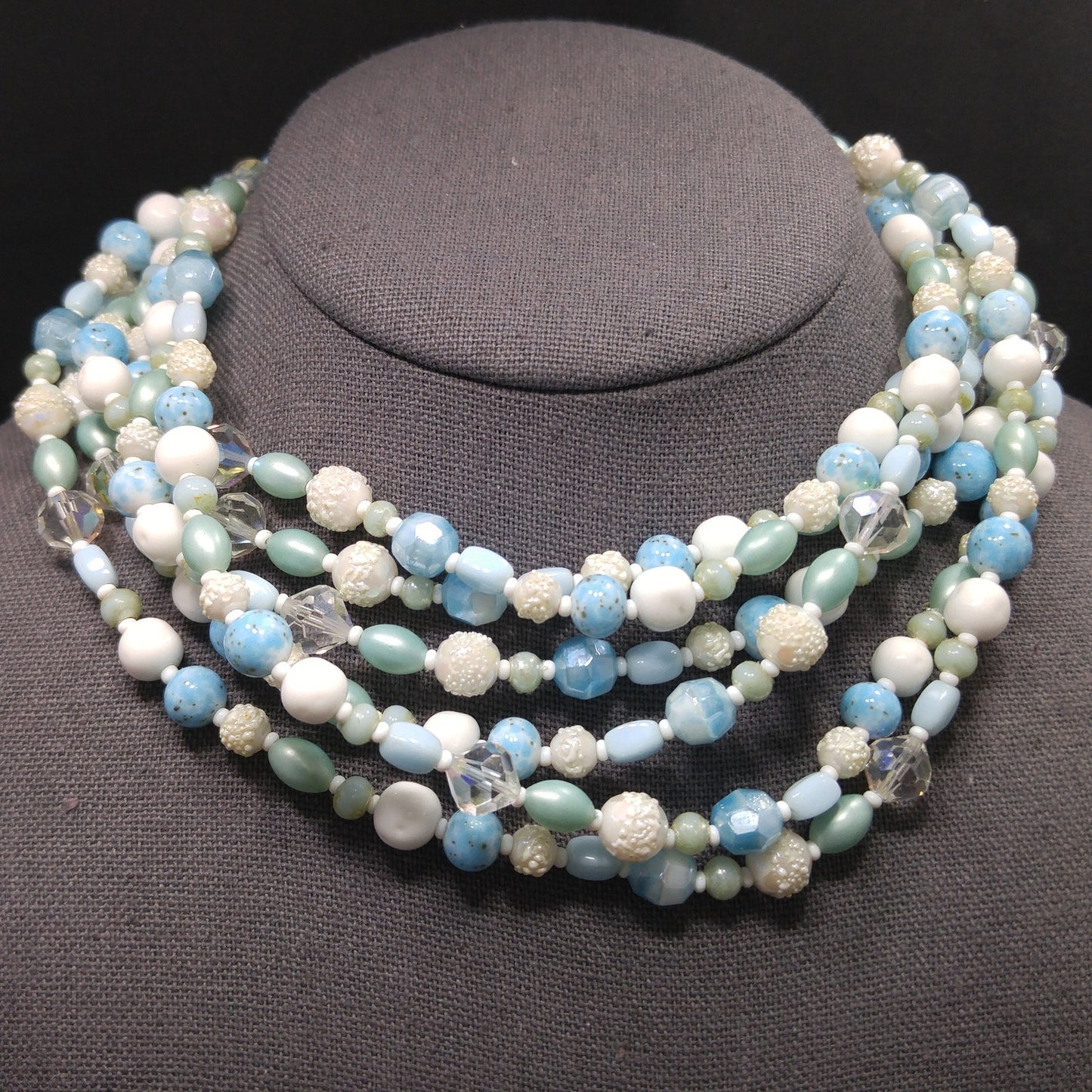 Vendome Blue White Glass Beaded Necklace, 6 Strands, Crystal Beads, 1960s Vintage Jewelry