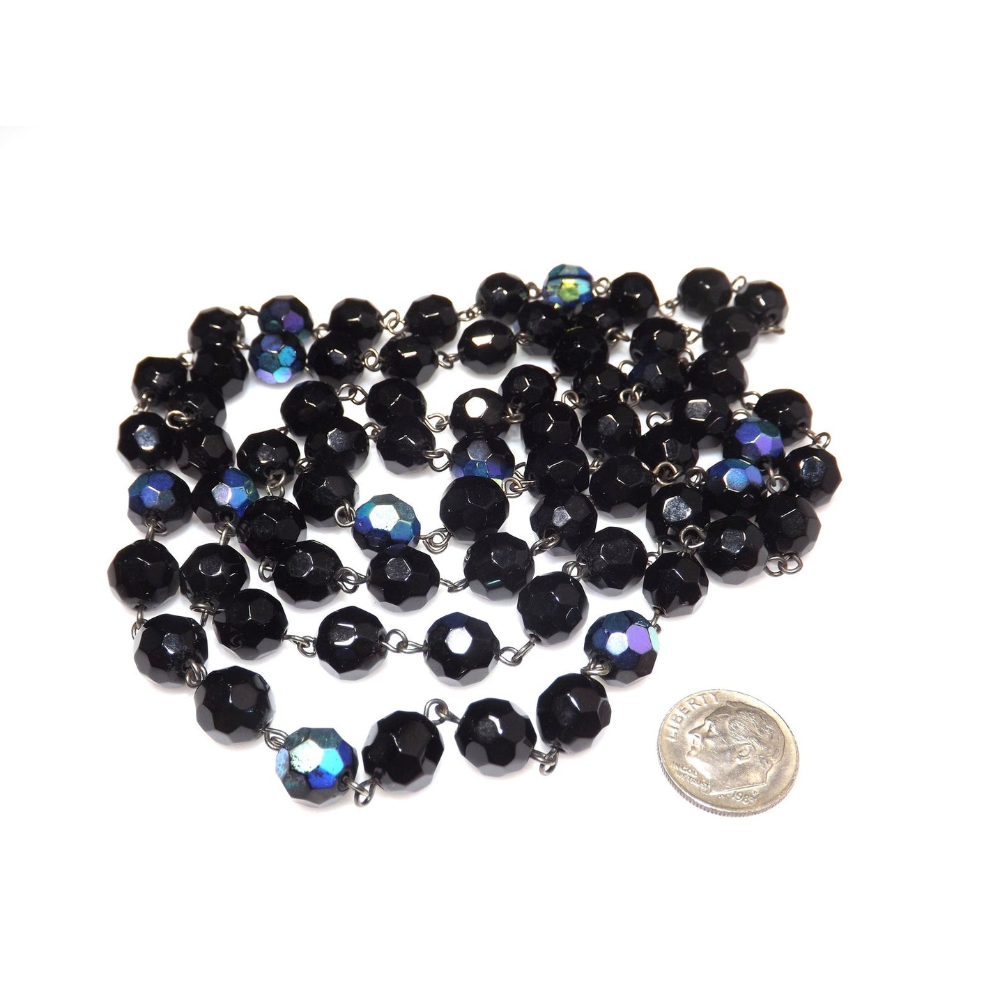 Long Black Crystal Beaded Necklace, Aurora Borealis, No Clasp, 1970s Vintage Jewelry