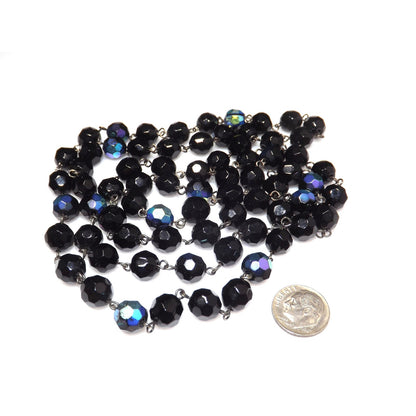 Long Black Crystal Beaded Necklace, Aurora Borealis, No Clasp, 1970s Vintage Jewelry