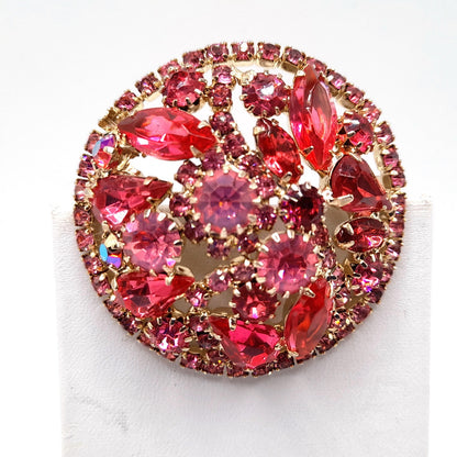 Vintage Unsigned Weiss Pink Rhinestone Brooch, Gold Plated, 1960s