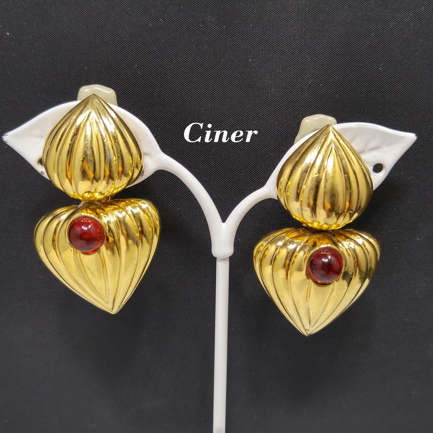 Vintage CINER Heart Drop Earrings, Red Cabochon, Gold Plated, 1980s