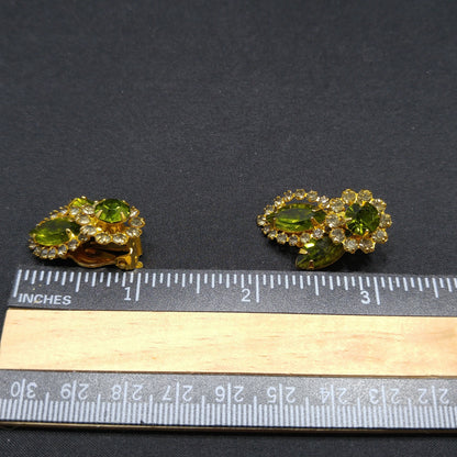 Weiss Green Clear Rhinestone Earrings, Gold Plated, 1960s Vintage Jewelry