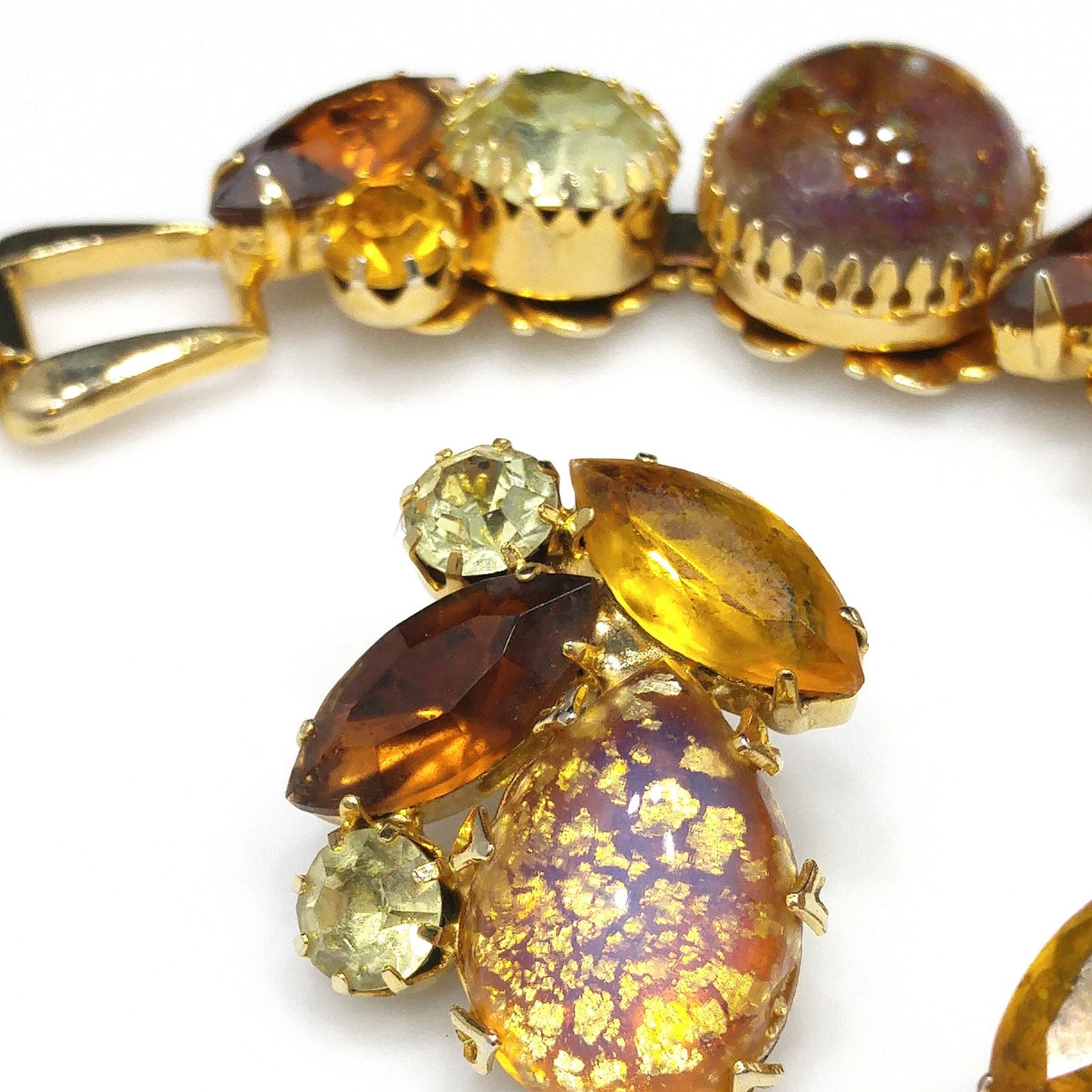 Gold Foil Faux Opal Rhinestone Bracelet & Earrings, Light Topaz Jonquil Rhinestones, 1960s Vintage Jewelry