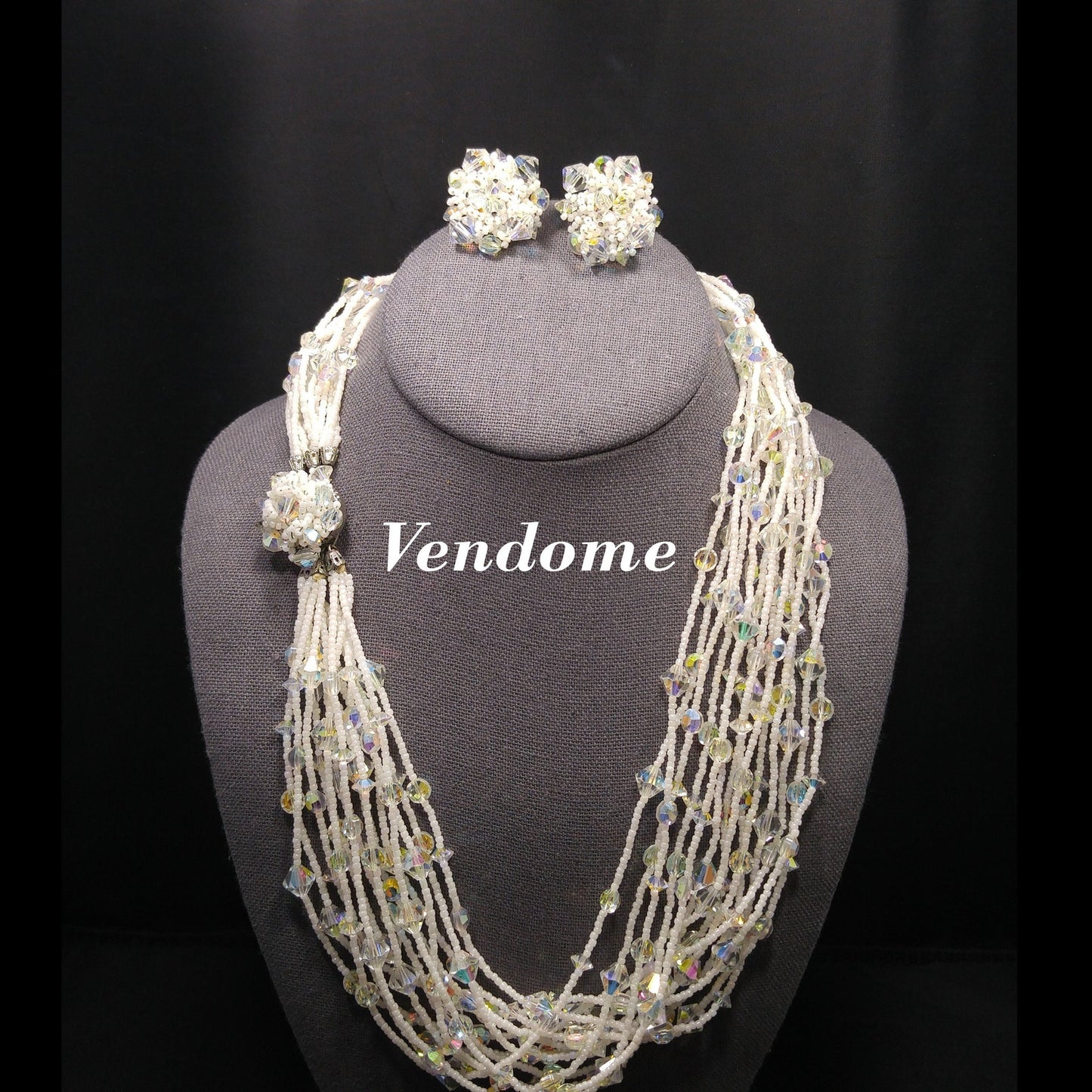 Vendome Seed Bead Aurora Borealis Crystal Necklace Earrings Set, Beaded Claps, 14 Strands, 1960s Vintage Jewelry