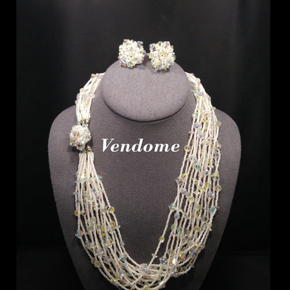 Vendome 1960s AB Crystal White Seed Bead Necklace Earrings Set Vintage