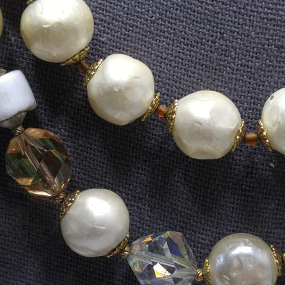 Vintage 1950s Faux Pearl Crystal Necklace Aurora Borealis Double Strand