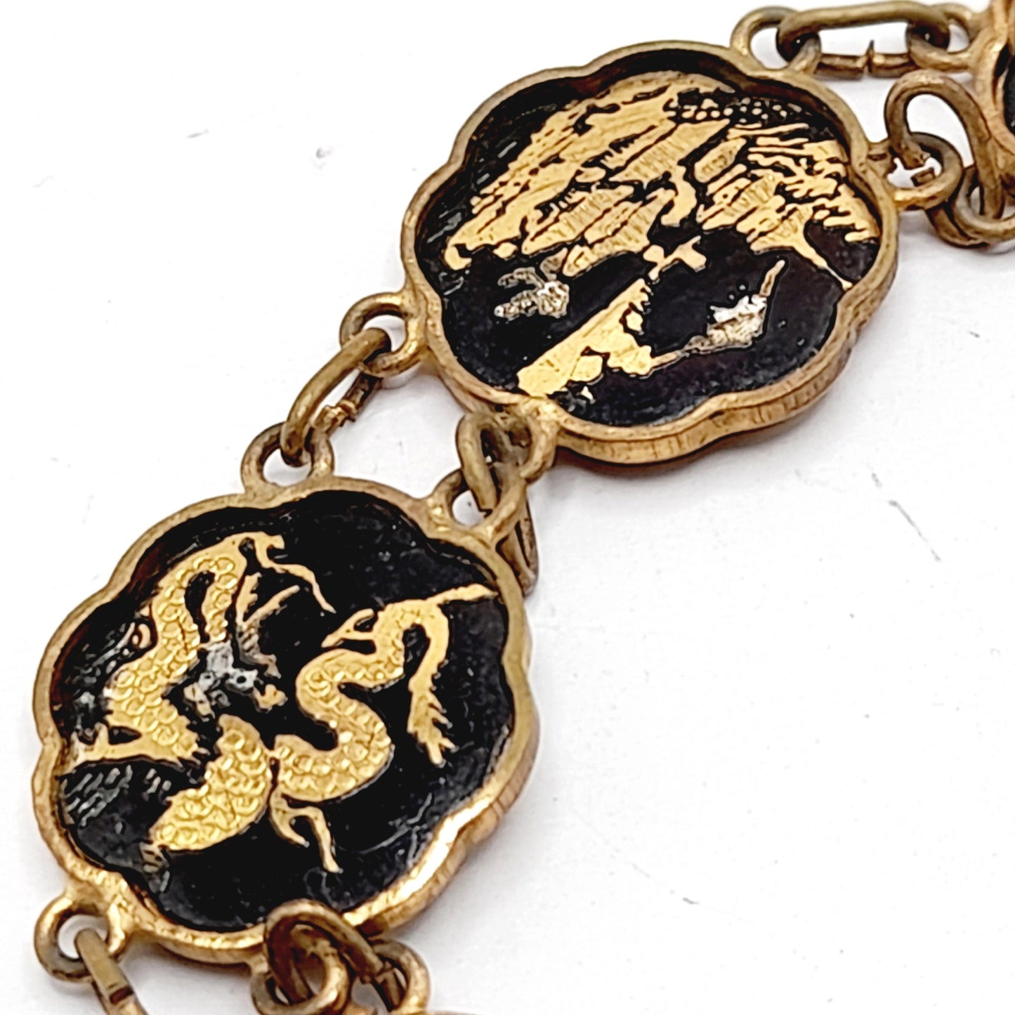 Authentic Japanese Damascene Bracelet - Vintage 6.5" Link Style - Black Gold Inlay