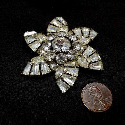 Mid Century Pinwheel Brooch, Clear Rhinestones, Rhodium Plated, 1950s Vintage Jewelry