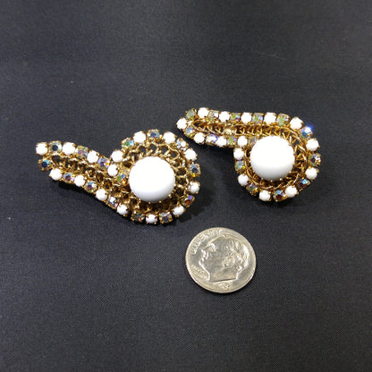 Hobe Milk Glass Clip Earrings, Gold Plated, Ear Climbers, 1960s Vintage Jewelry