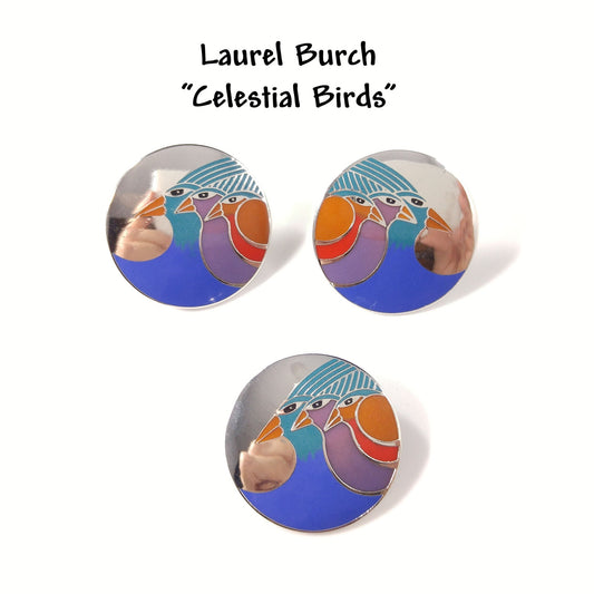 Laurel Burch "Celestial Birds" Earrings & Brooch, 1980s Vintage Jewelry