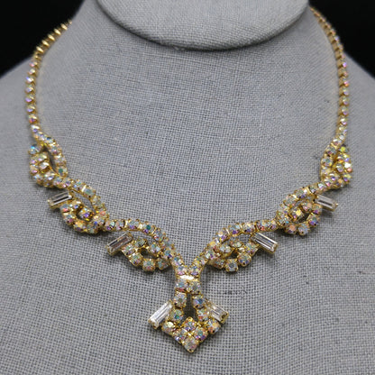 Vintage Aurora Borealis Rhinestone Choker Necklace, 3D Design, Gold Plated, 1960s Vintage Jewelry