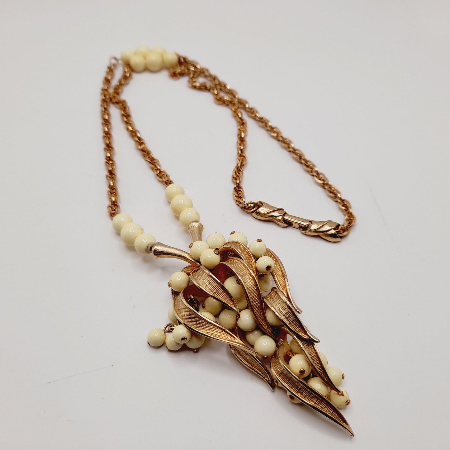 Vintage Articulated Fruit Pendant Gold Tone White Bead Necklace, 24 Inches