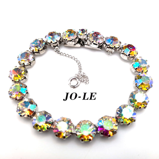 Weiss Style Aurora Borealis Crystal Bracelet, Rhodium Plated, Safety Chain, Vintage Jewelry
