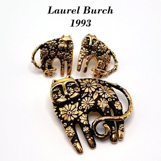 Laurel Burch Flower Cat Brooch Earrings Set, Gold Plated, Black Enamel, 1993 Vintage Jewelry