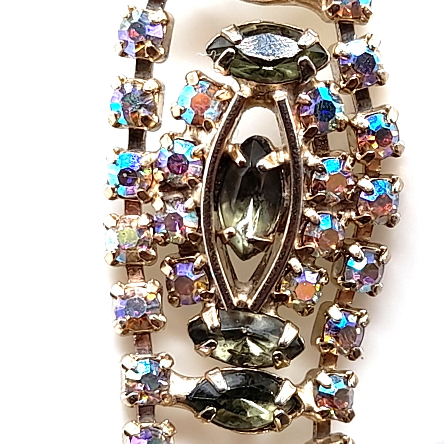 Green Aurora Borealis Rhinestone Bracelet, Mid-Century, 1950s Vintage Jewelry
