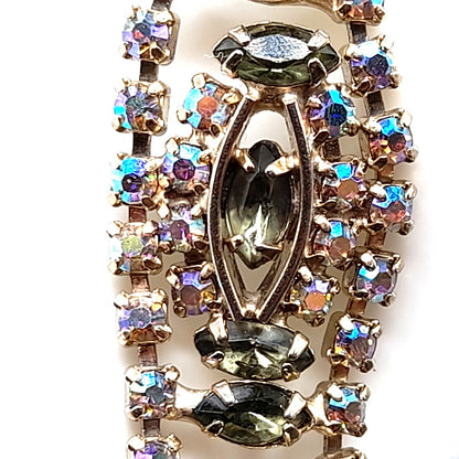 Green Aurora Borealis Rhinestone Bracelet, Mid-Century, 1950s Vintage Jewelry