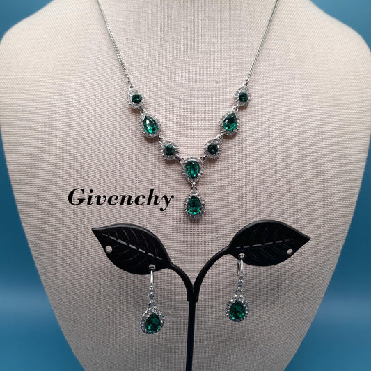 Givenchy Necklace & Earrings Set – Silver Tone Emerald Green Crystal Jewelry