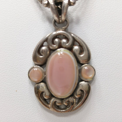 Barse Sterling Silver Pink Necklace, Large Pink Pearled Cabochon, 1990s Vintage Jewelry