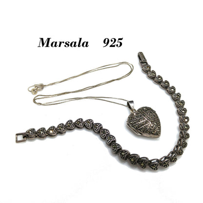 Marsala Silver Heart Locket Necklace & Bracelet, 925 Box Chain, 1980s Vintage Jewelry