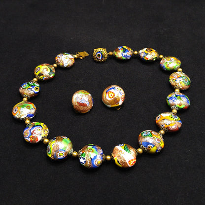 Italian Millefiori Venetian Glass Necklace & Earrings, Aventurine Glitter Beads