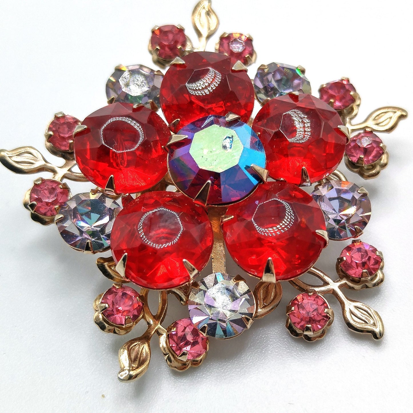 Aurora Borealis Red Pink Lavender Floral Brooch, Riveted Construction, Gold Tone, 1950s Vintage Jewelry