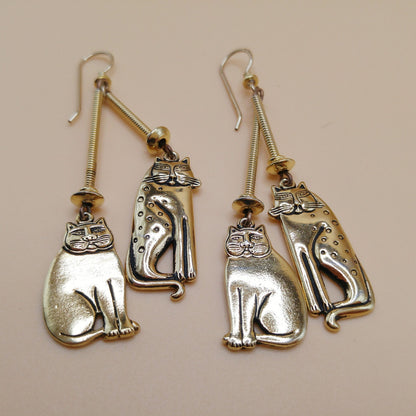 Laurel Burch Two Cats Dangle Earrings, Mystic Cat, Siamese Cat, 1980s Vintage Jewelry