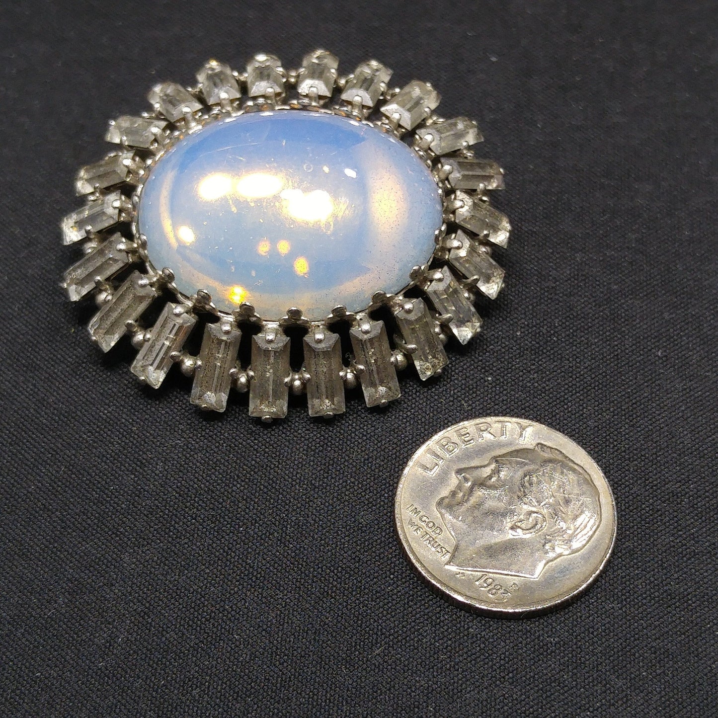 West Germany Faux Moonstone Brooch, Clear Baguettes, 1950s Vintage Jewelry