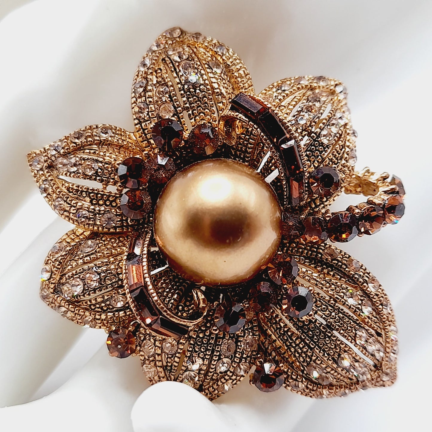 Vintage BJ Rhinestone Faux Pearl Flower Brooch or Pendant - 2 1/4 Inches