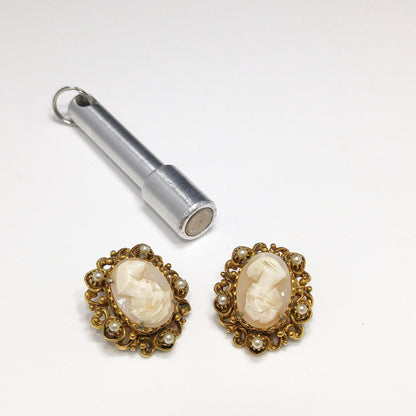 Florenza Cameo Clip Earrings, Hand-carved Shell, Gold Plated, 1950s Vintage Jewelry