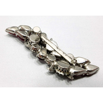 Vintage Red Rhinestone Brooch, Rhodium Plated, Ribbon Design, 1960s Vintage Jewelry