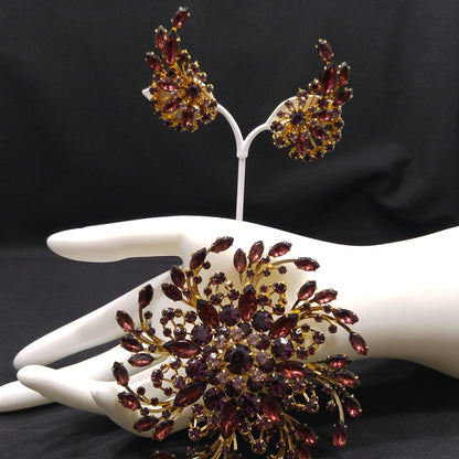 Mid-century Large Purple Rhinestone Brooch & Earrings, Floral Design, 1950s Vintage Jewelry