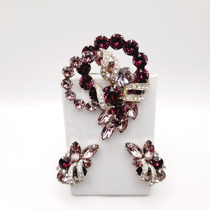 Eisenberg Purple Rhinestone Brooch & Earrings Set Vintage Rhodium Mid Century