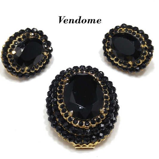 Vendome Black Crystal Brooch & Clip Earrings Set, Gold Plated Vintage Jewelry, Convertible Pendant