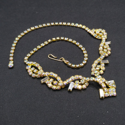 Vintage Aurora Borealis Rhinestone Choker Necklace, 3D Design, Gold Plated, 1960s Vintage Jewelry